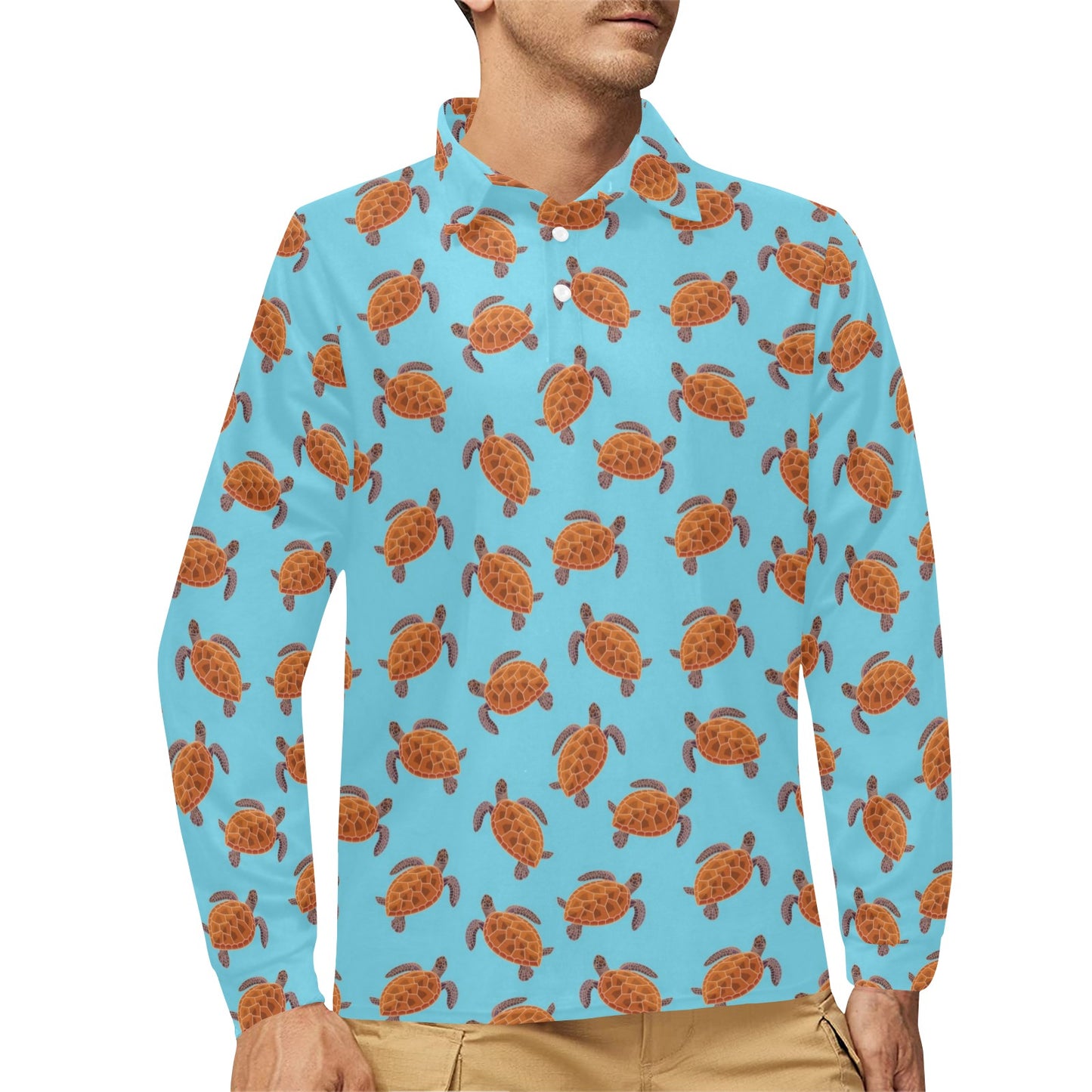Brow Sea Turtle Print Pattern Long Sleeve Polo Shirt For Men's