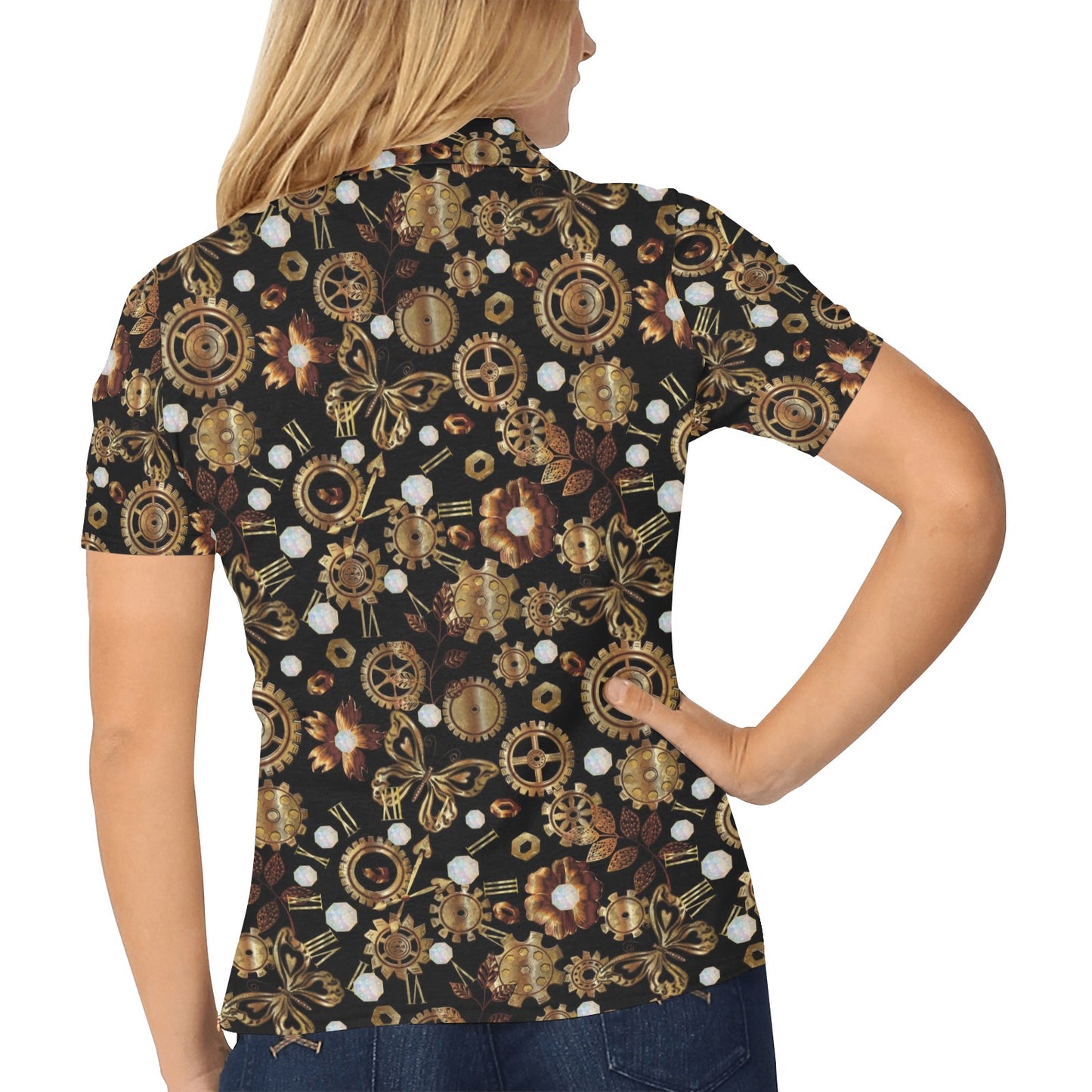 Steampunk Butterfly Design Themed Print Women's Polo Shirt