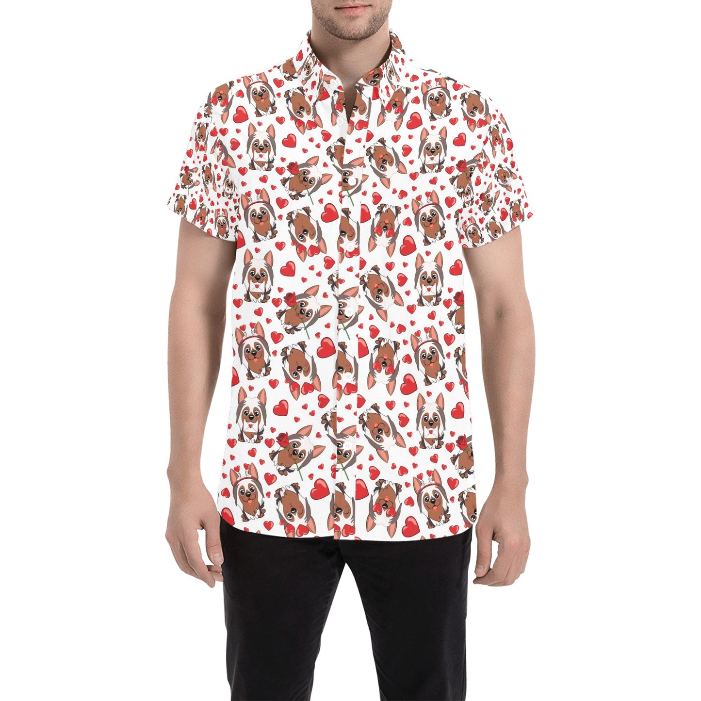 Silky Terriers Heart Print Design LKS302 Men Short Sleeve Button Up Shirt