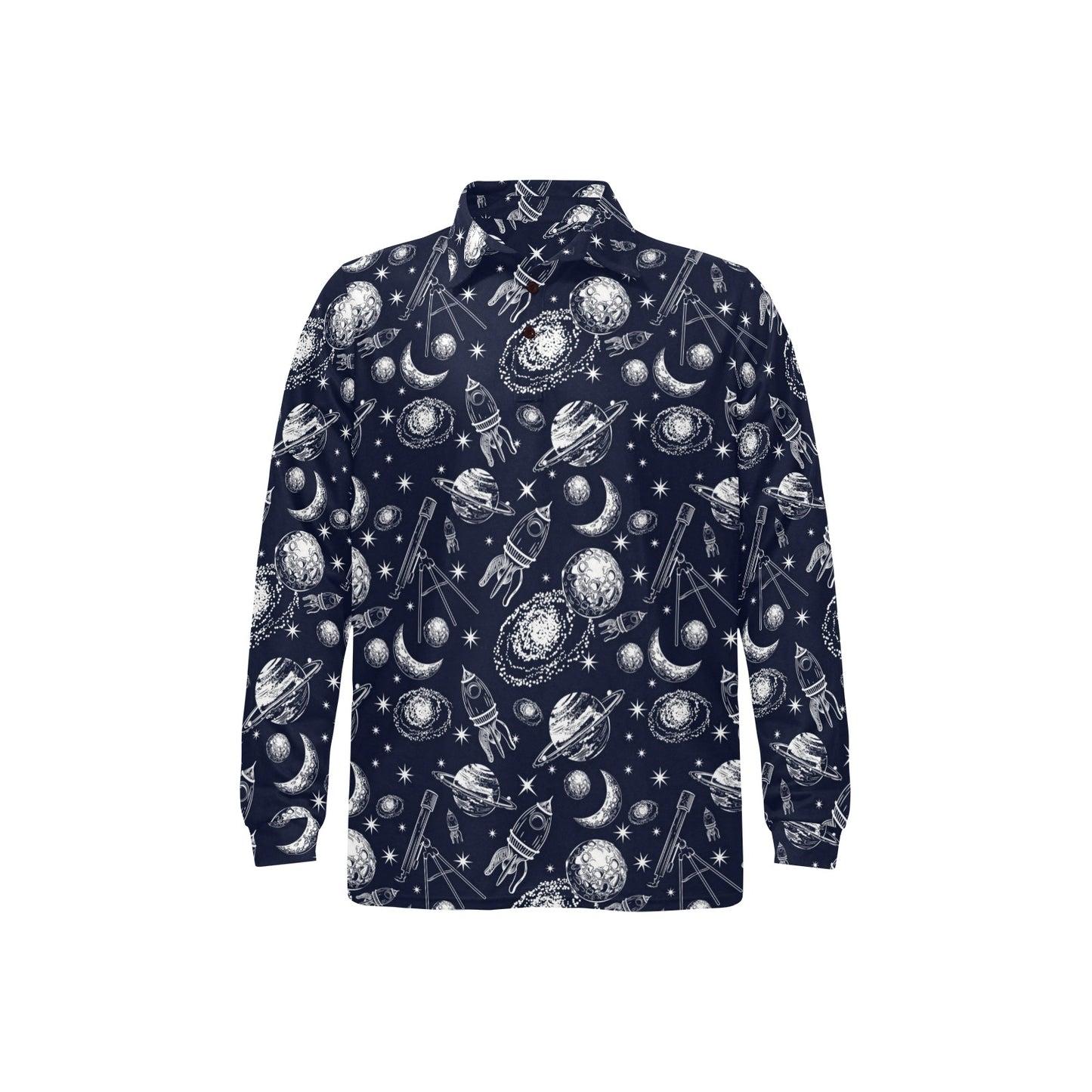 Space Rocket Print Design LKS301 Long Sleeve Polo Shirt For Men's