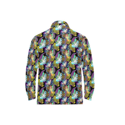 Unicorn With Wings Print Pattern Long Sleeve Polo Shirt For Men's
