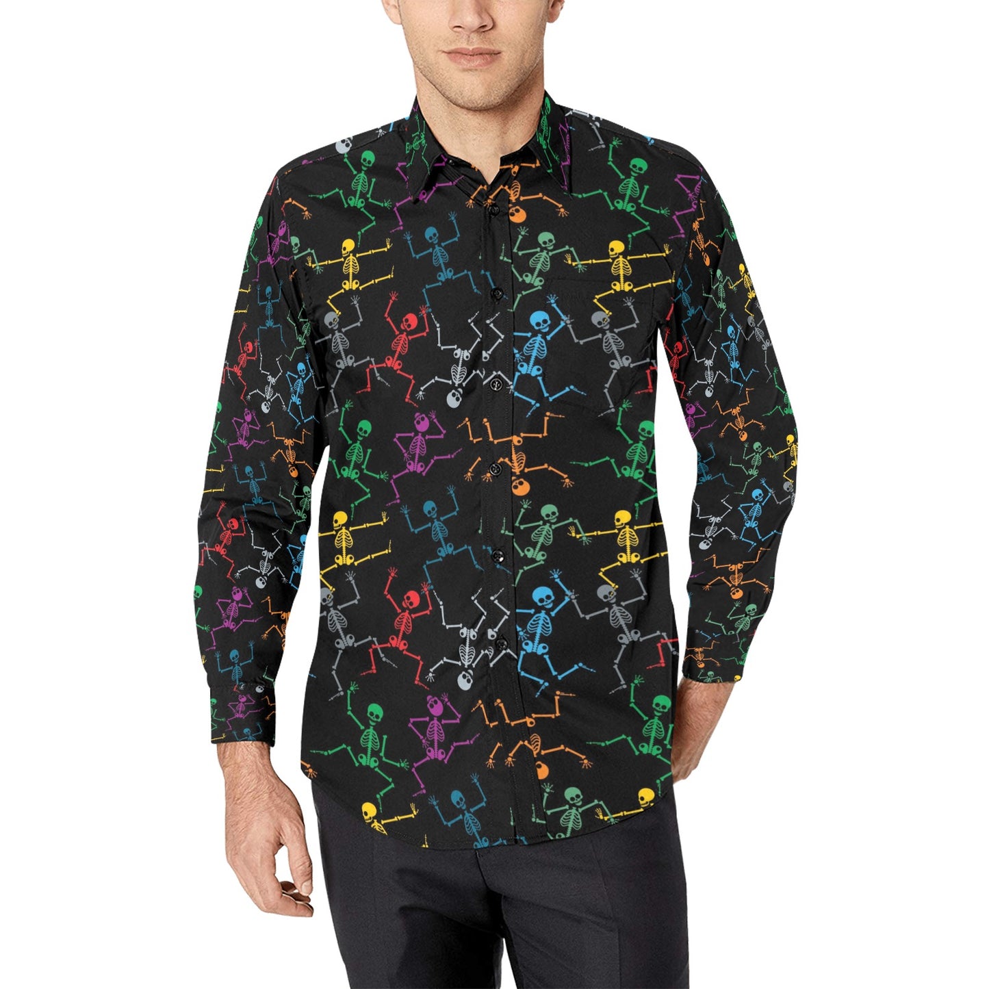 Skeleton Colorful Print Design LKS302 Men's Long Sleeve Dress Shirt