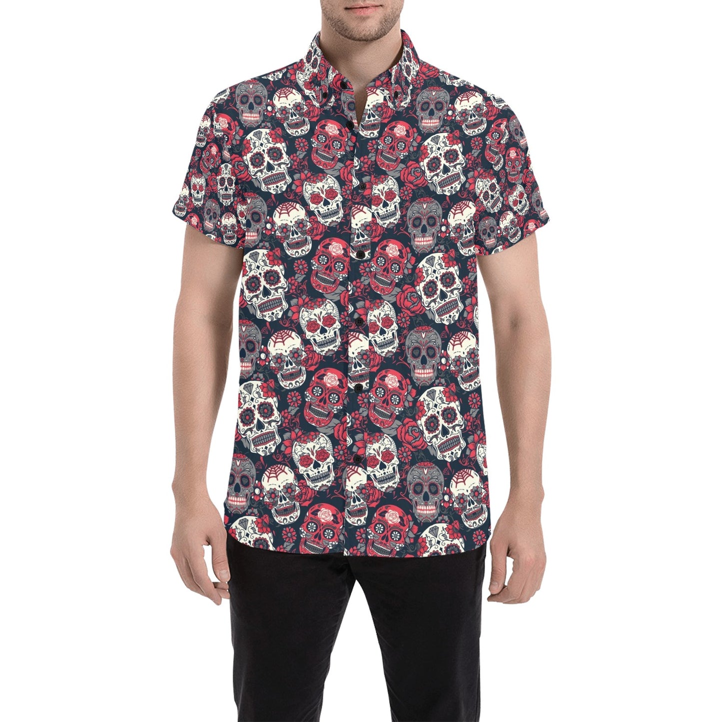Sugar Skull Print Design LKS303 Men Short Sleeve Button Up Shirt