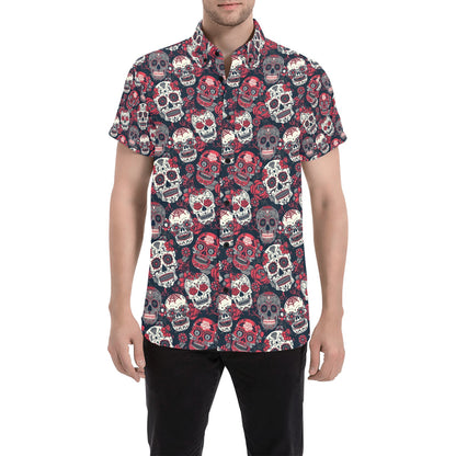 Sugar Skull Print Design LKS303 Men Short Sleeve Button Up Shirt