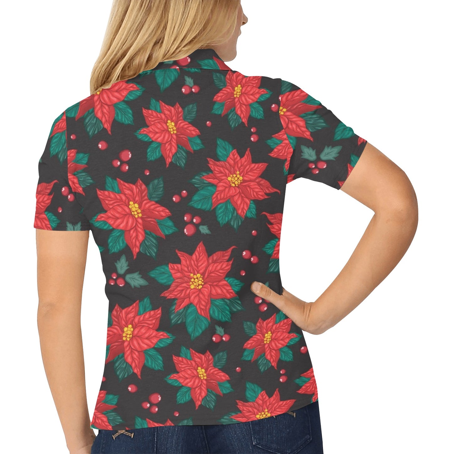 Poinsettia Pattern Print Design POT07 Women's Polo Shirt