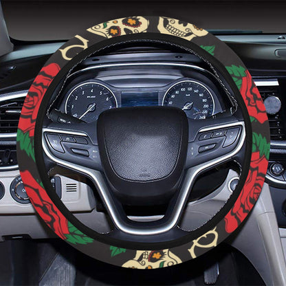 Sugar Skull Red Rose Print Design LKS301 Steering Wheel Cover with Elastic Edge