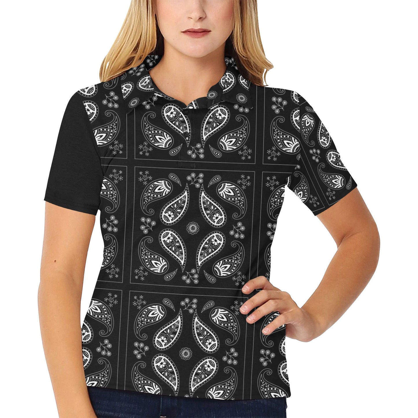 Bandana Paisley Black Print Design LKS308 Women's Polo Shirt