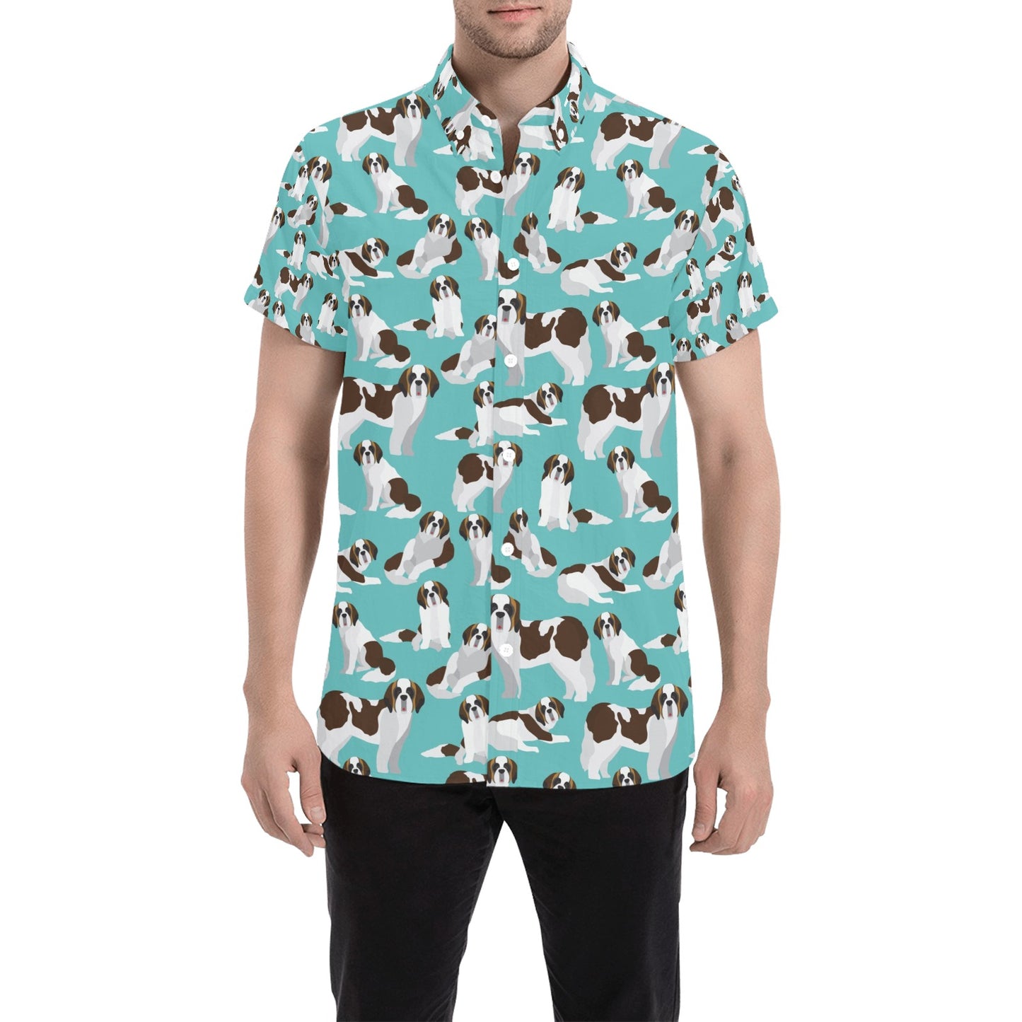 St Bernards Print Design LKS302 Men Short Sleeve Button Up Shirt