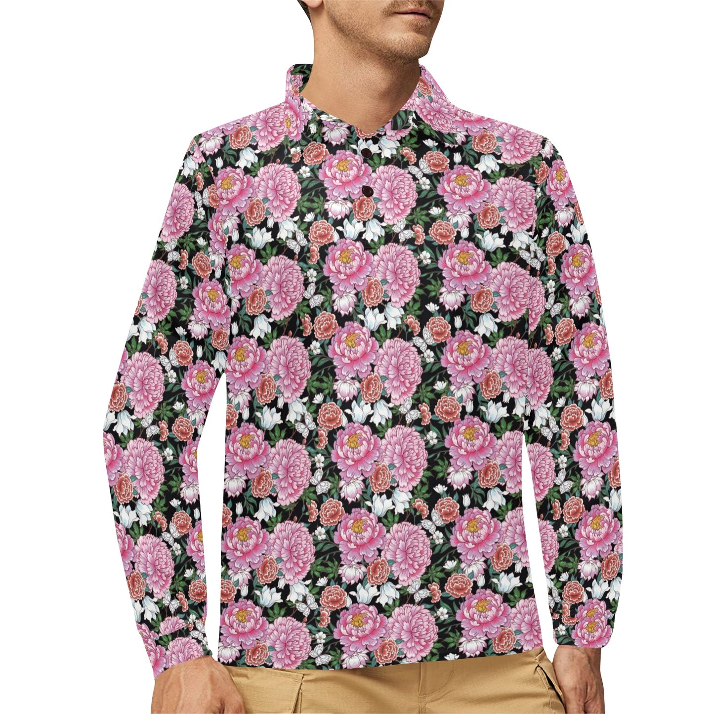 Dahlia Pattern Print Design 02 Long Sleeve Polo Shirt For Men's