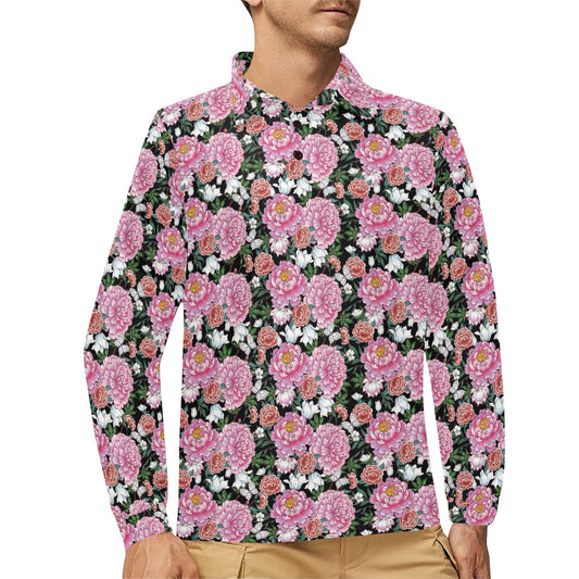 Dahlia Pattern Print Design 02 Long Sleeve Polo Shirt For Men's