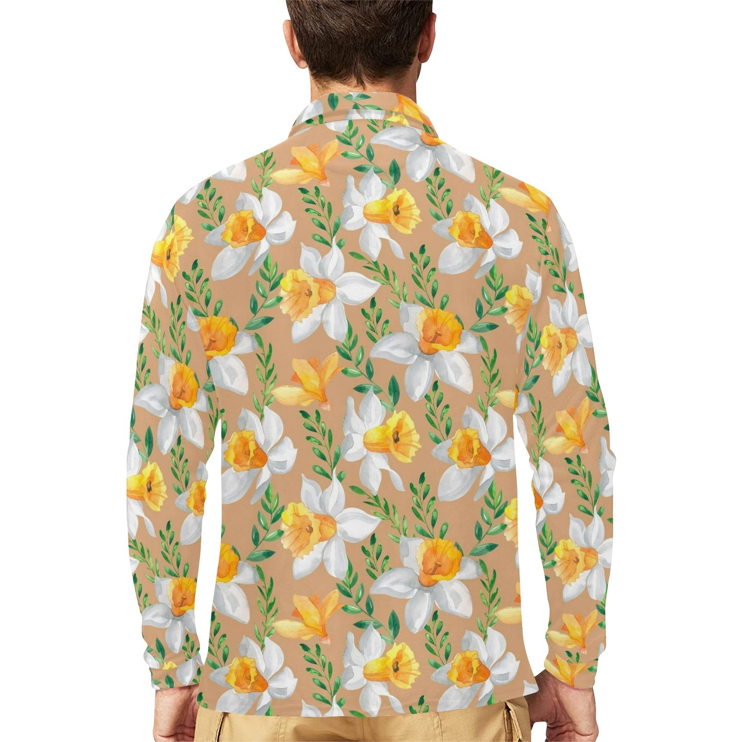 Daffodils Pattern Print Design DF04 Long Sleeve Polo Shirt For Men's
