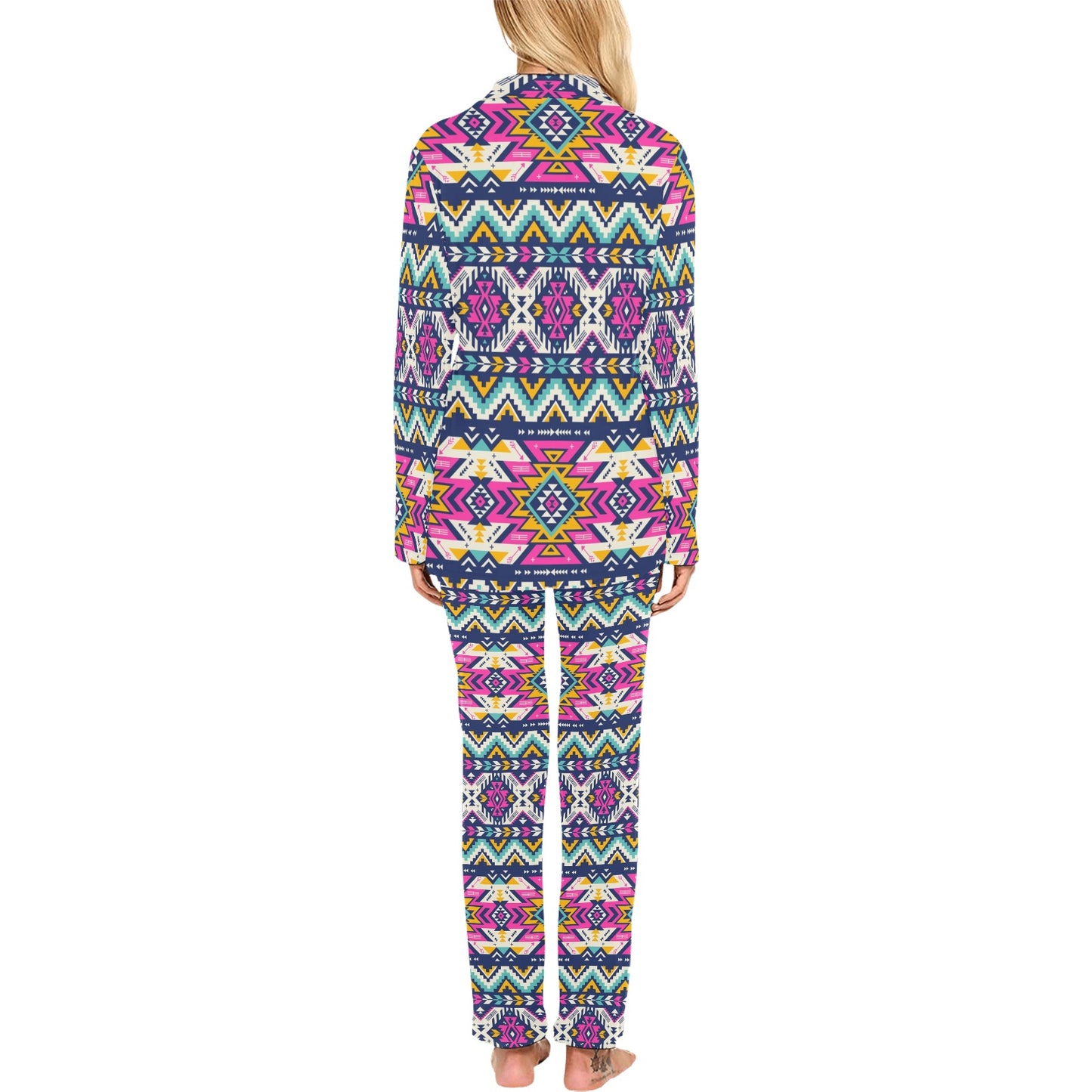 Aztec Pink Geometric Print Pattern Women's Long Pajama Set