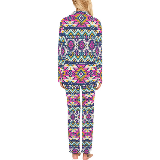 Aztec Pink Geometric Print Pattern Women's Long Pajama Set