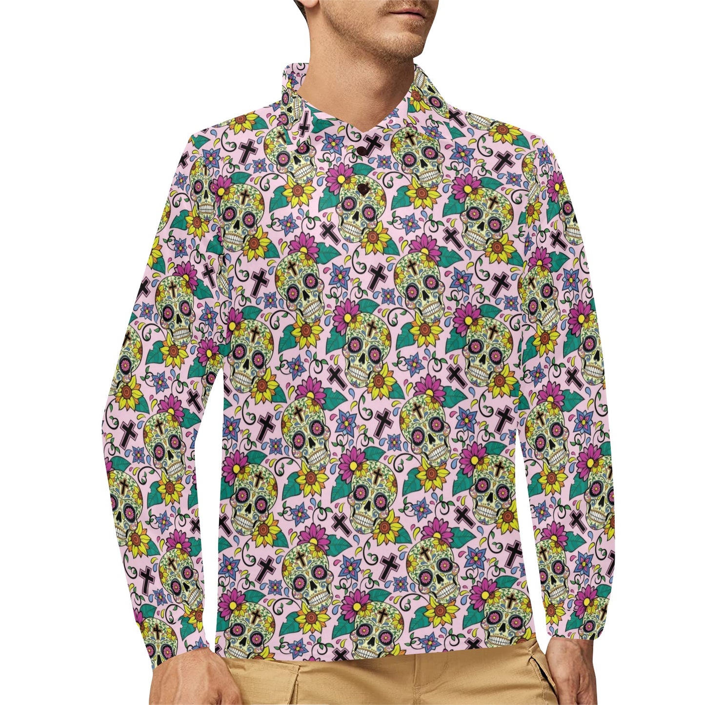 Sugar Skull Print Design LKS307 Long Sleeve Polo Shirt For Men's