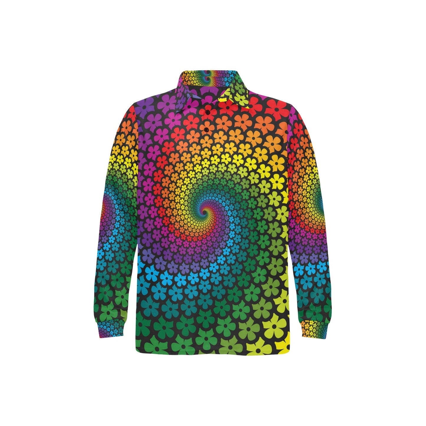 Flower Power Rainbow Spiral Print Long Sleeve Polo Shirt For Men's