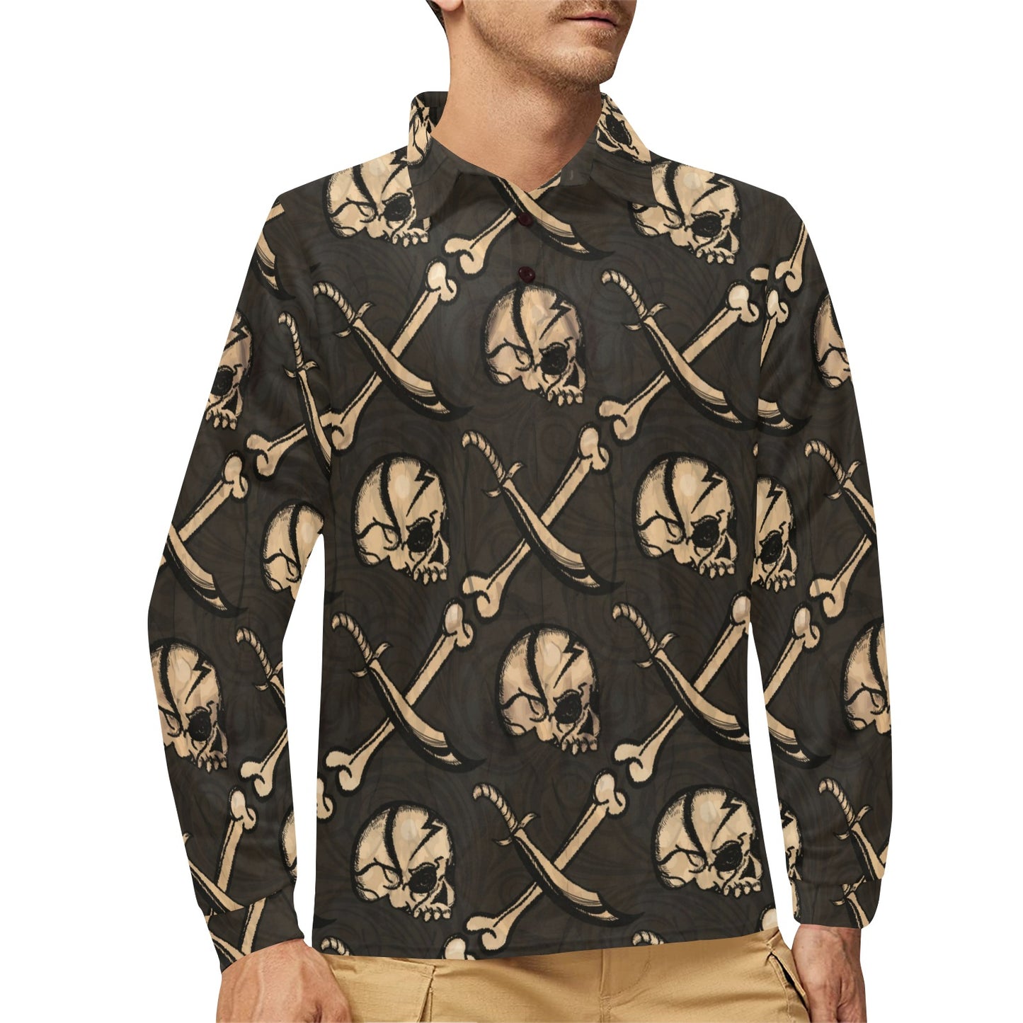 Pirate Pattern Print Design A03 Long Sleeve Polo Shirt For Men's
