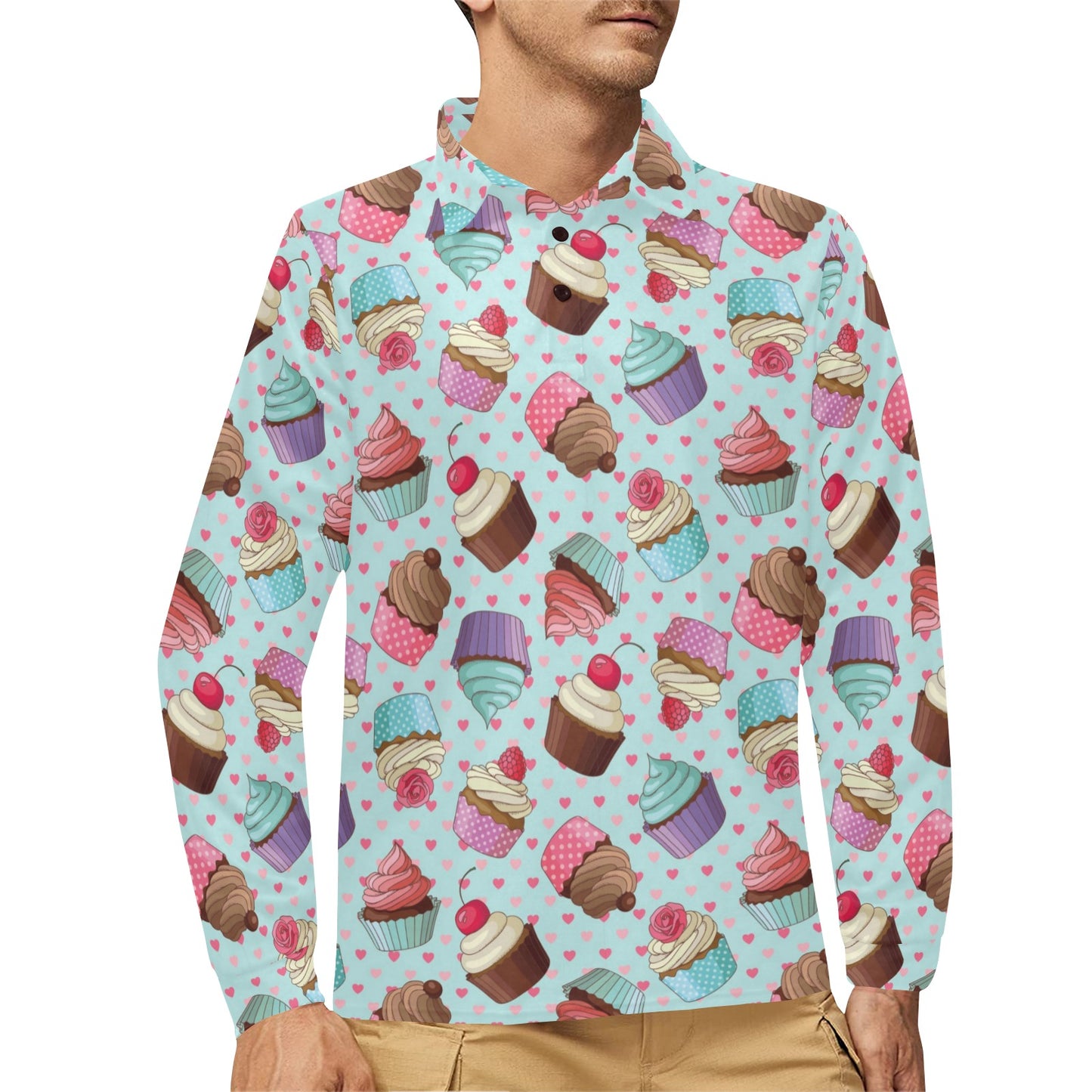 Cupcakes Fancy Heart Print Pattern Long Sleeve Polo Shirt For Men's