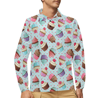 Cupcakes Fancy Heart Print Pattern Long Sleeve Polo Shirt For Men's