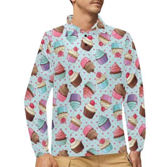 Cupcakes Fancy Heart Print Pattern Long Sleeve Polo Shirt For Men's
