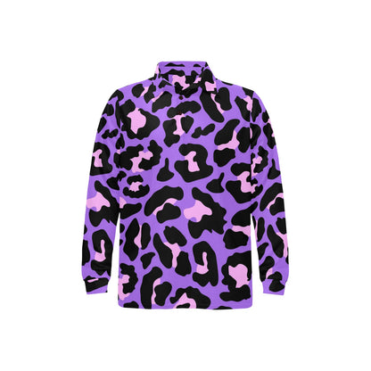 Cheetah Purple Neon Print Pattern Long Sleeve Polo Shirt For Men's