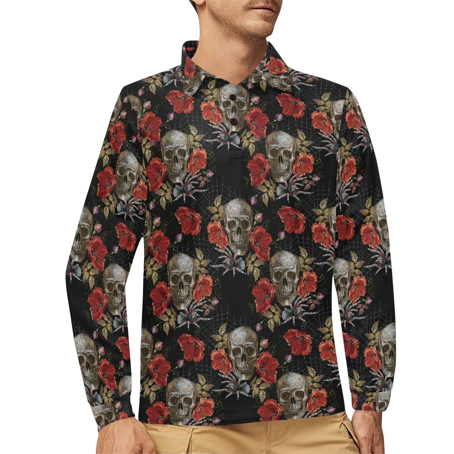 Spider Web Skull Rose Print Design LKS305 Long Sleeve Polo Shirt For Men's