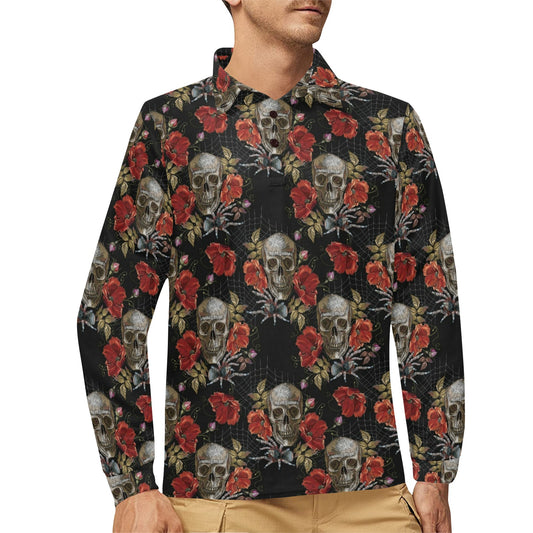 Spider Web Skull Rose Print Design LKS305 Long Sleeve Polo Shirt For Men's