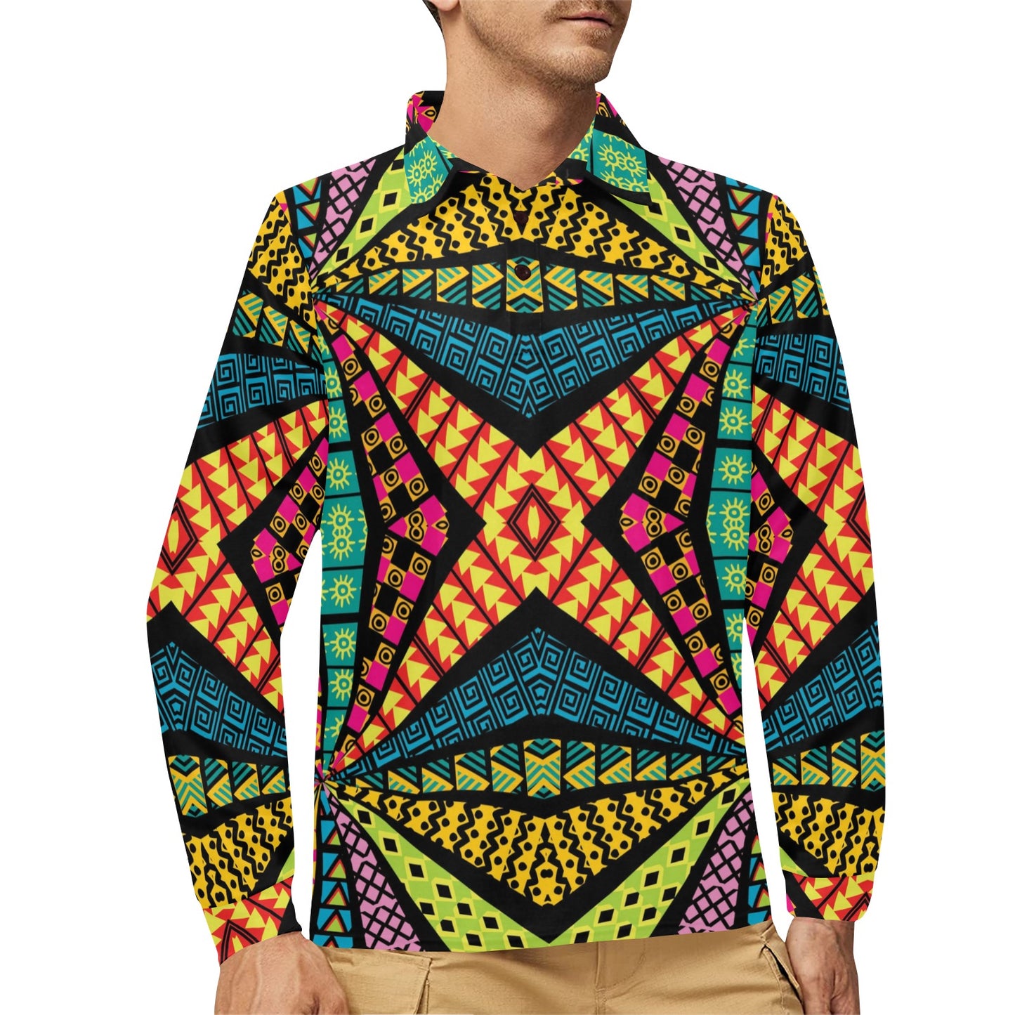 Kaleidoscope Pattern Print Design 05 Long Sleeve Polo Shirt For Men's