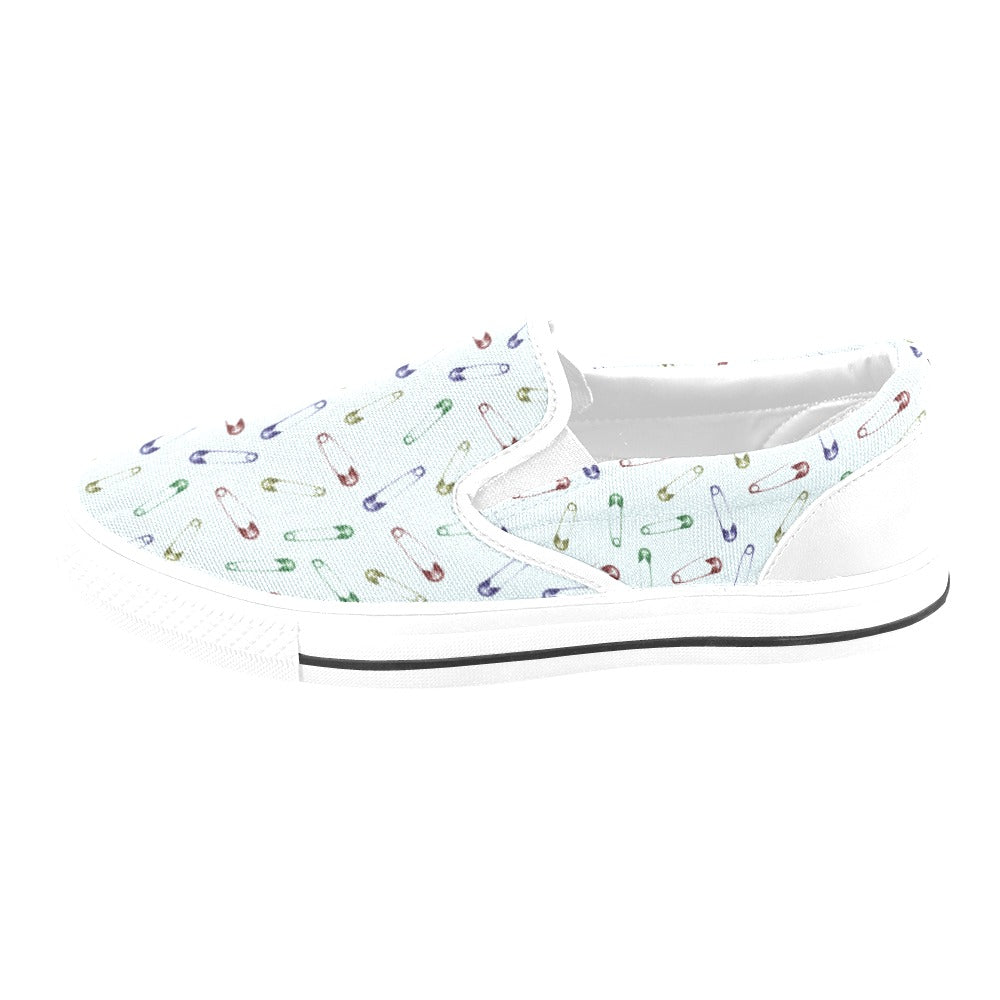 Safety Pin Print Design LKS303 White Slip Ons Canvas Women's Shoes