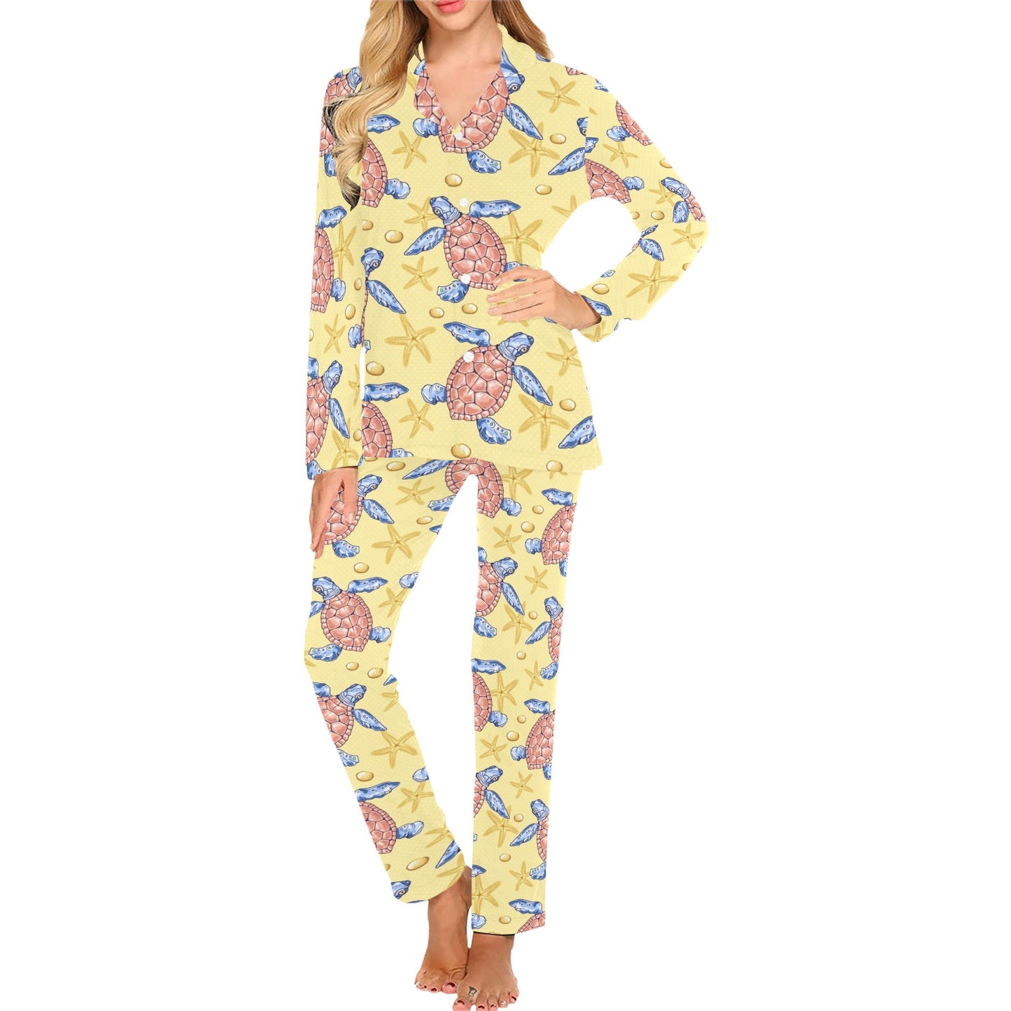 Sea Turtle Pattern Print Design T06 Women's Long Pajama Set
