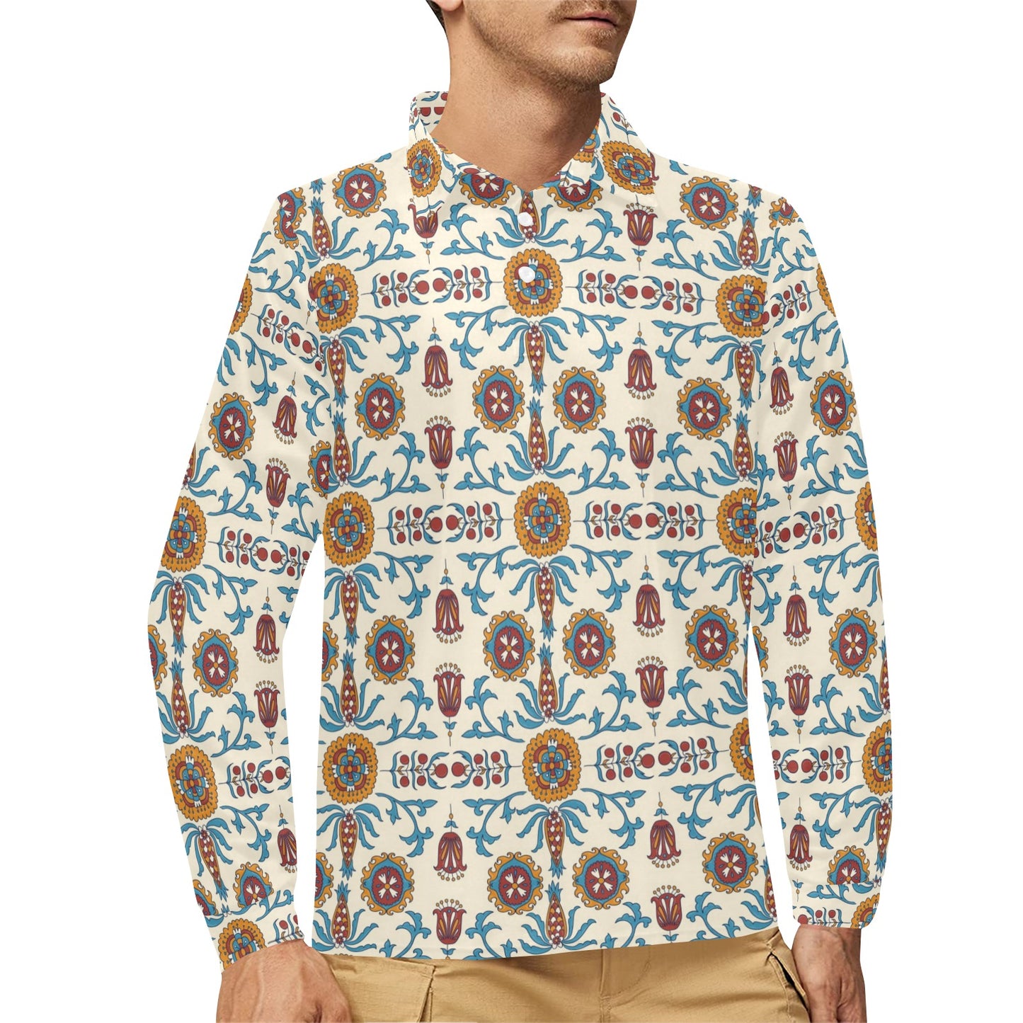 Suzani Print Design LKS301 Long Sleeve Polo Shirt For Men's