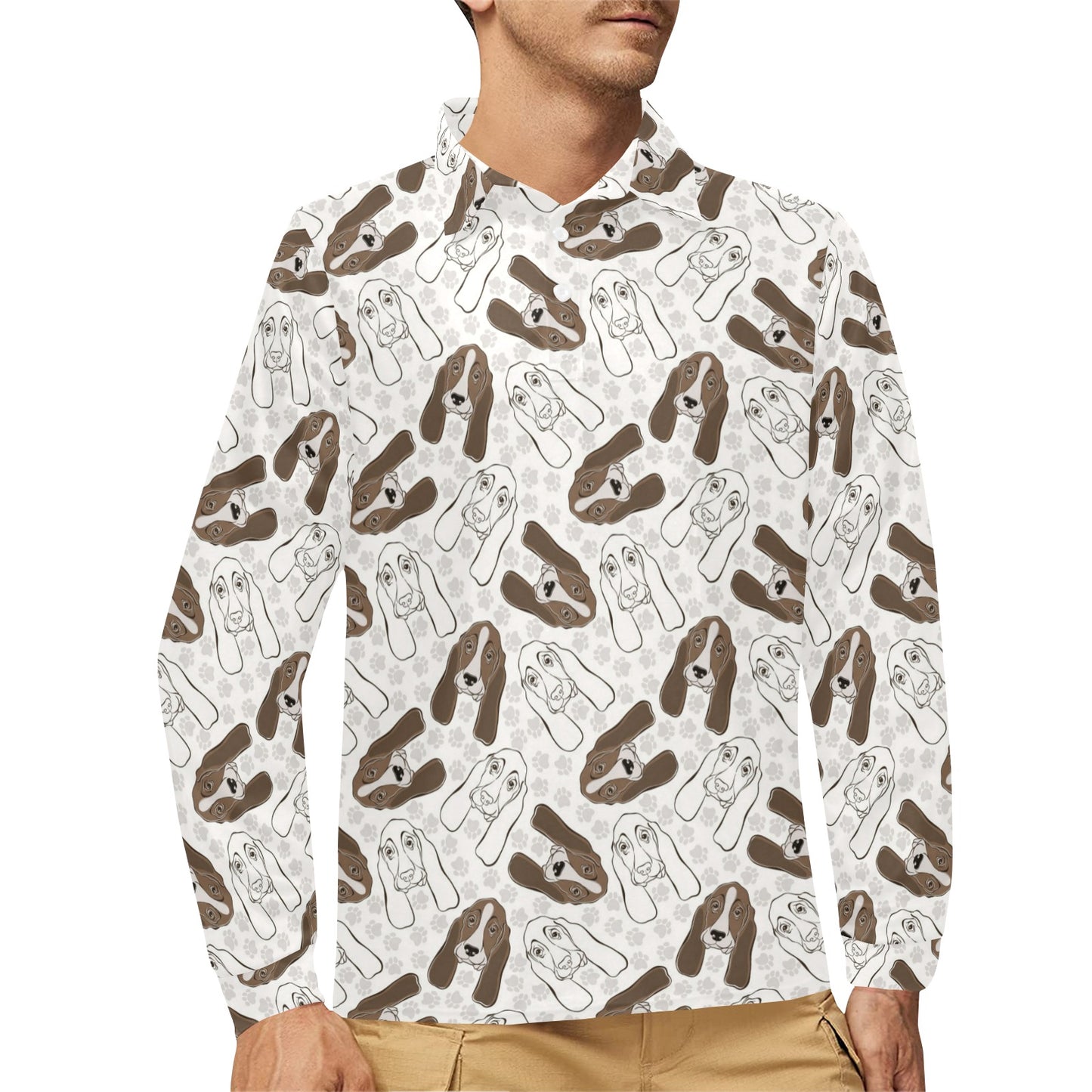 Basset Hound Pattern Print Design 01 Long Sleeve Polo Shirt For Men's