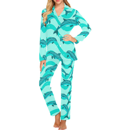 Dolphin Wave Print Women's Long Pajama Set