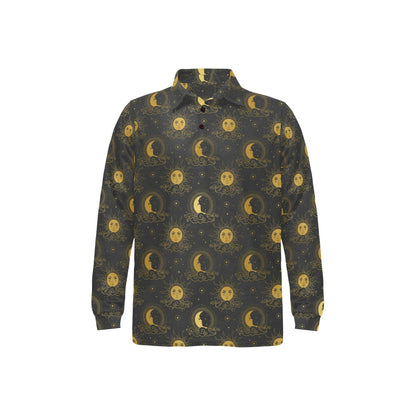 Celestial Moon Sun Pattern Print Design 05 Long Sleeve Polo Shirt For Men's