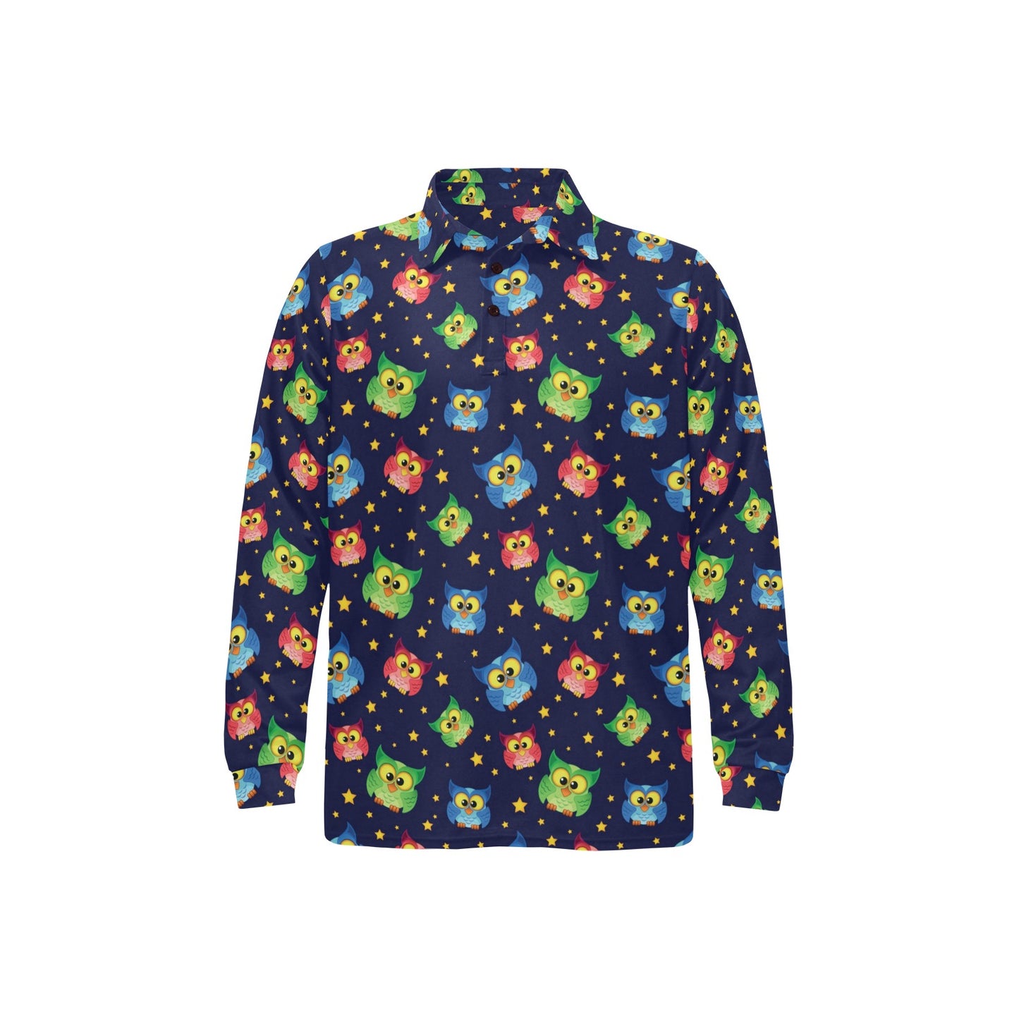 Owl with Star Themed Design Print Long Sleeve Polo Shirt For Men's