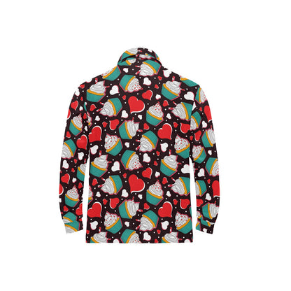 Cupcakes Heart Print Pattern Long Sleeve Polo Shirt For Men's
