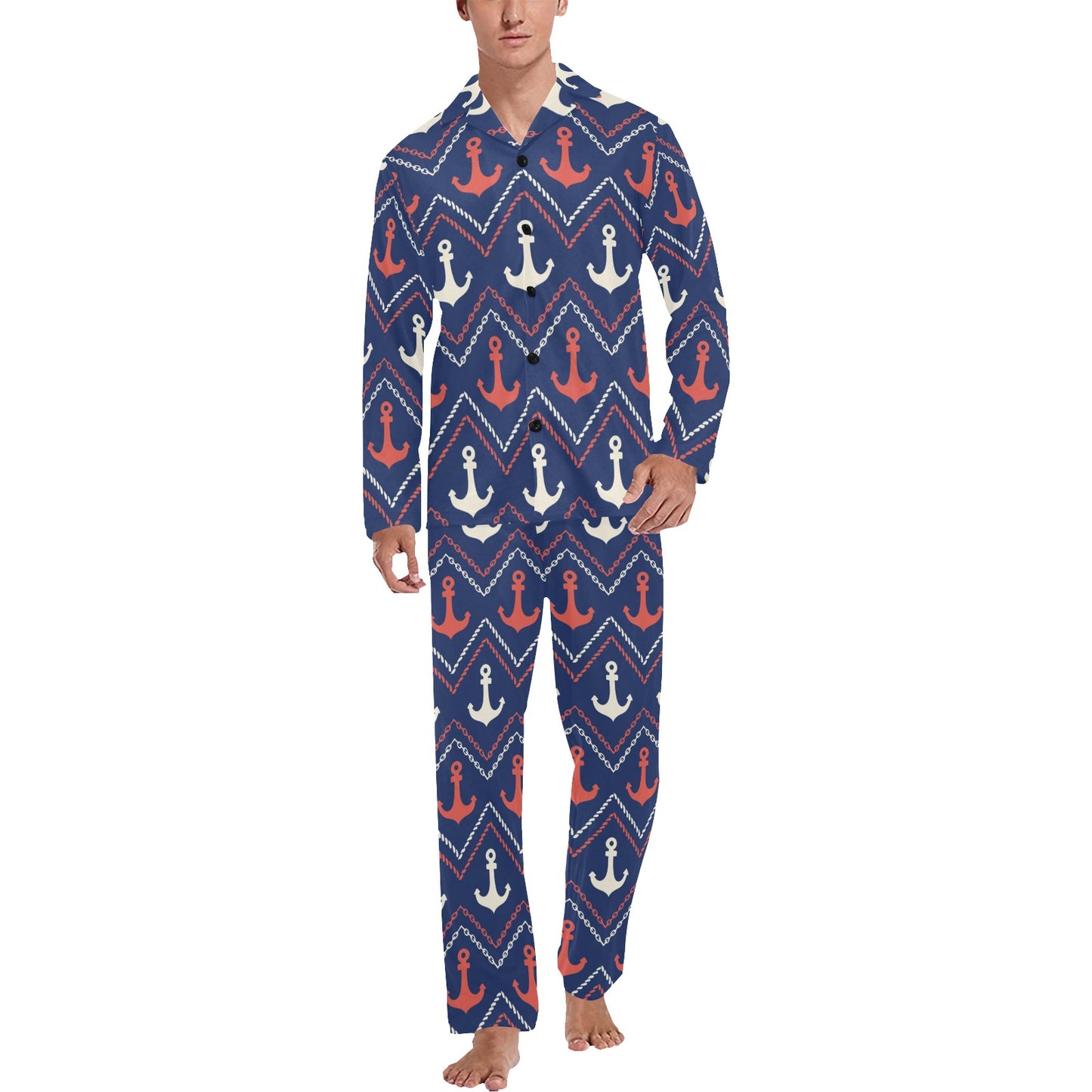 Anchor Pattern Print Design 07 Men's Long Pajama Set