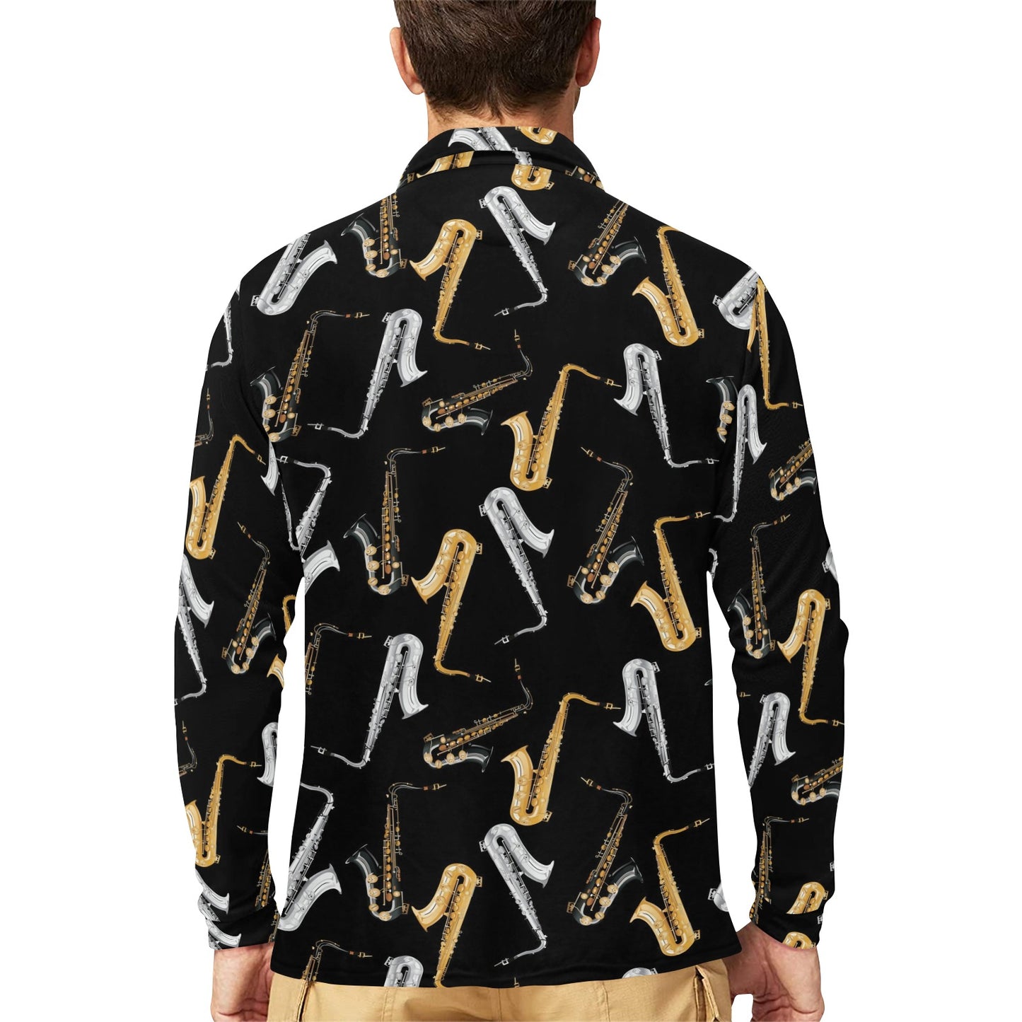 Saxophone Pattern Print Design 01 Long Sleeve Polo Shirt For Men's