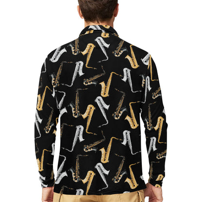 Saxophone Pattern Print Design 01 Long Sleeve Polo Shirt For Men's