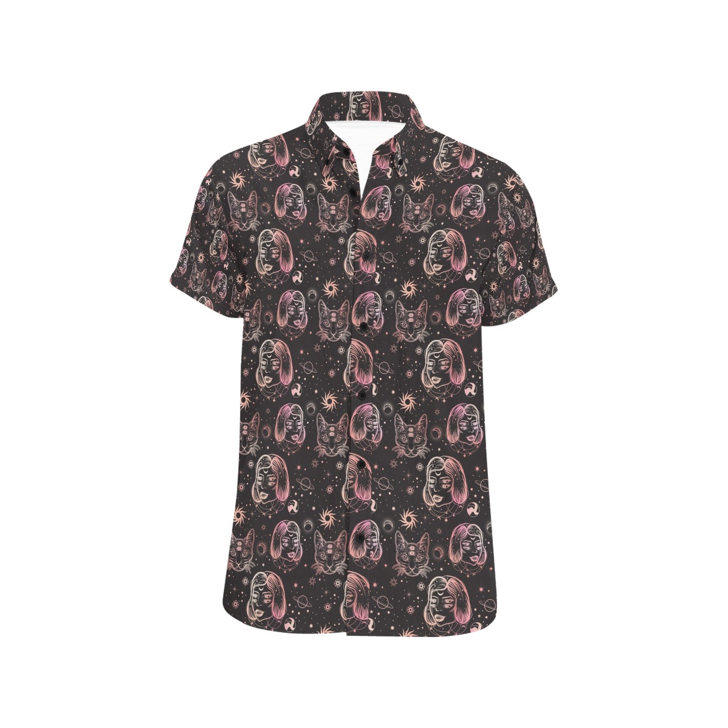 Third Eye Girl Cat Print Design LKS305 Men Short Sleeve Button Up Shirt