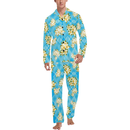 Yellow Plumeria Design Print Pattern Men's Long Pajama Set