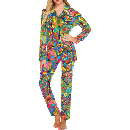 Psychedelic Trippy Flower Print Women's Long Pajama Set