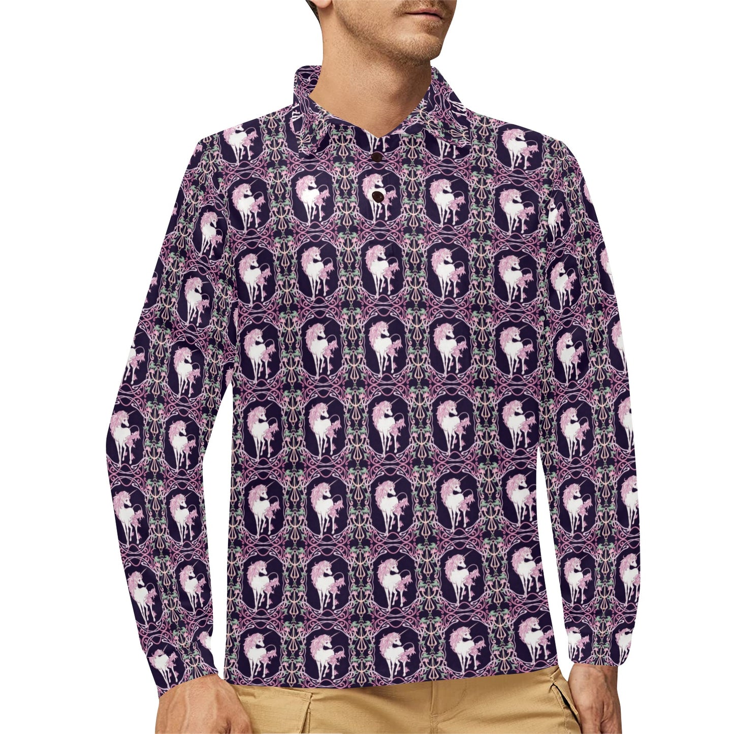 Unicorn Fantastic Flower Long Sleeve Polo Shirt For Men's