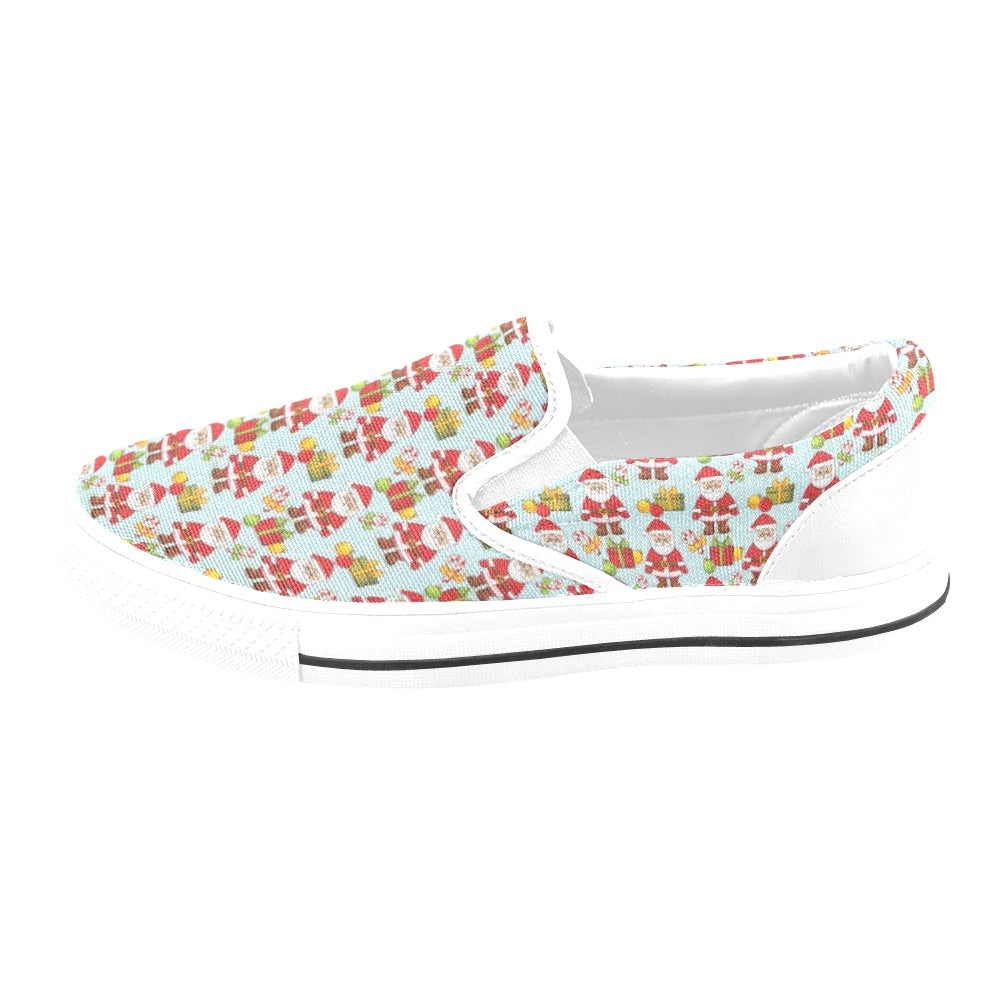 Santa Christmas Themed Print Design LKS303 White Slip Ons Canvas Women's Shoes