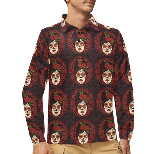 Day of the Dead Mexican Girl Long Sleeve Polo Shirt For Men's