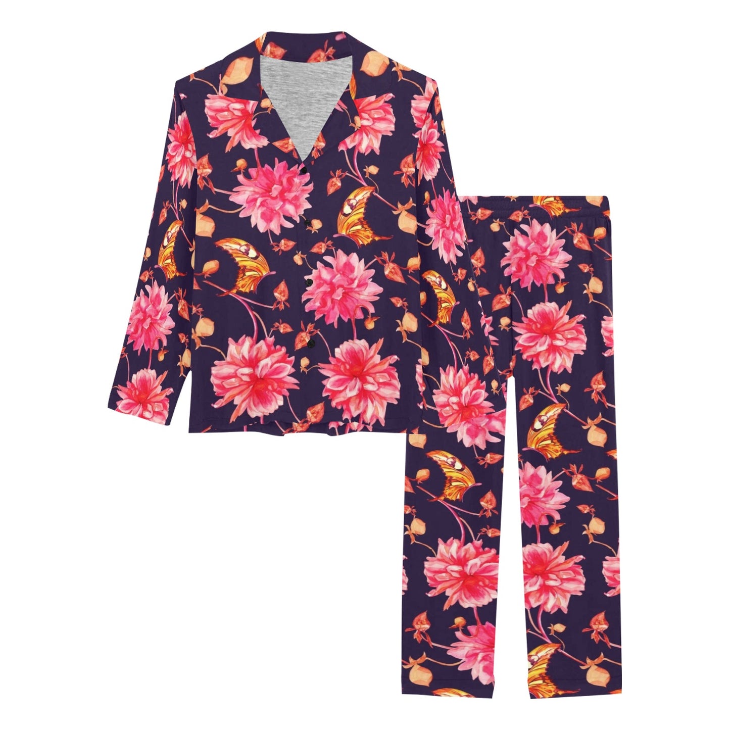 Dahlia Pattern Print Design DH03 Women's Long Pajama Set