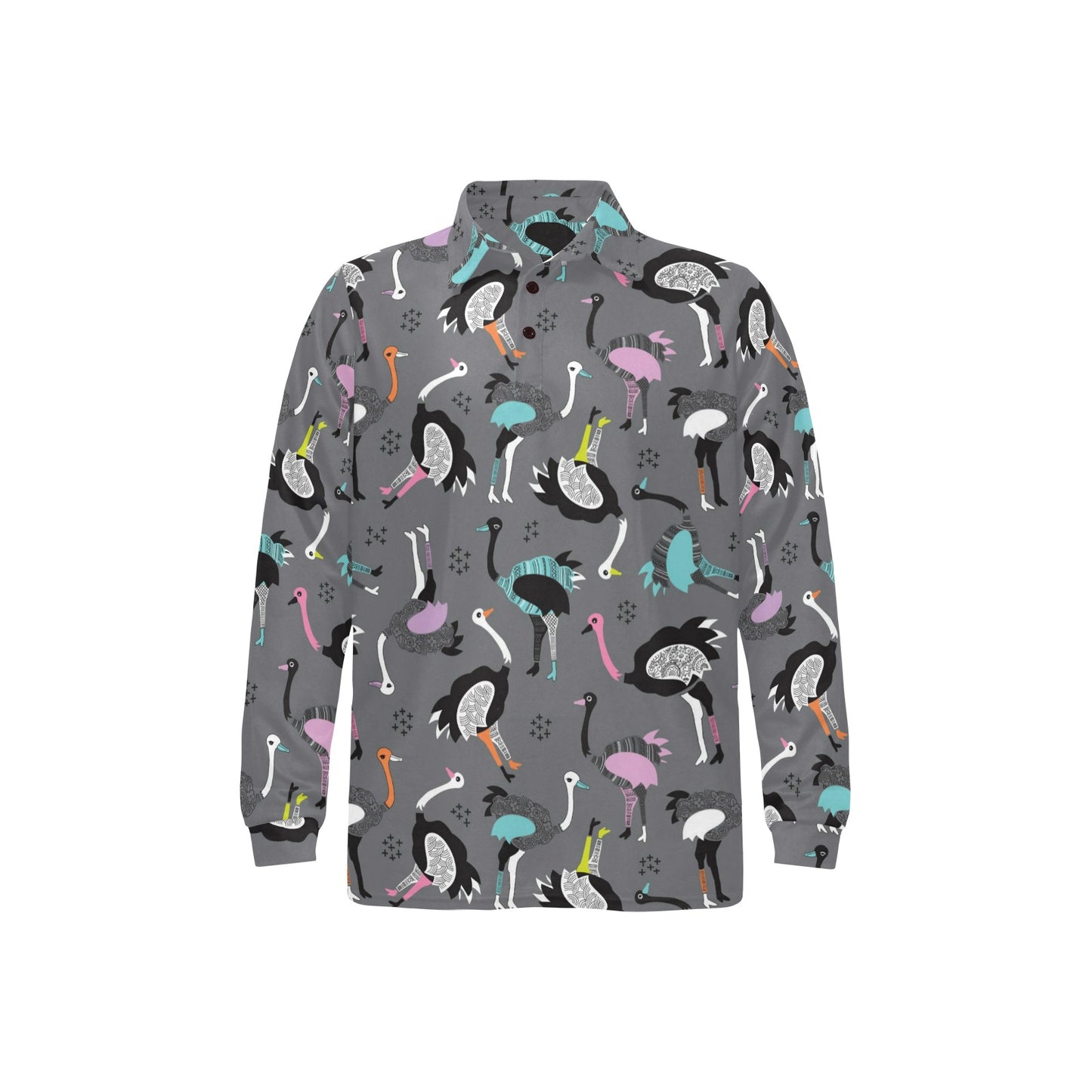 Ostrich Pattern Print Design 01 Long Sleeve Polo Shirt For Men's
