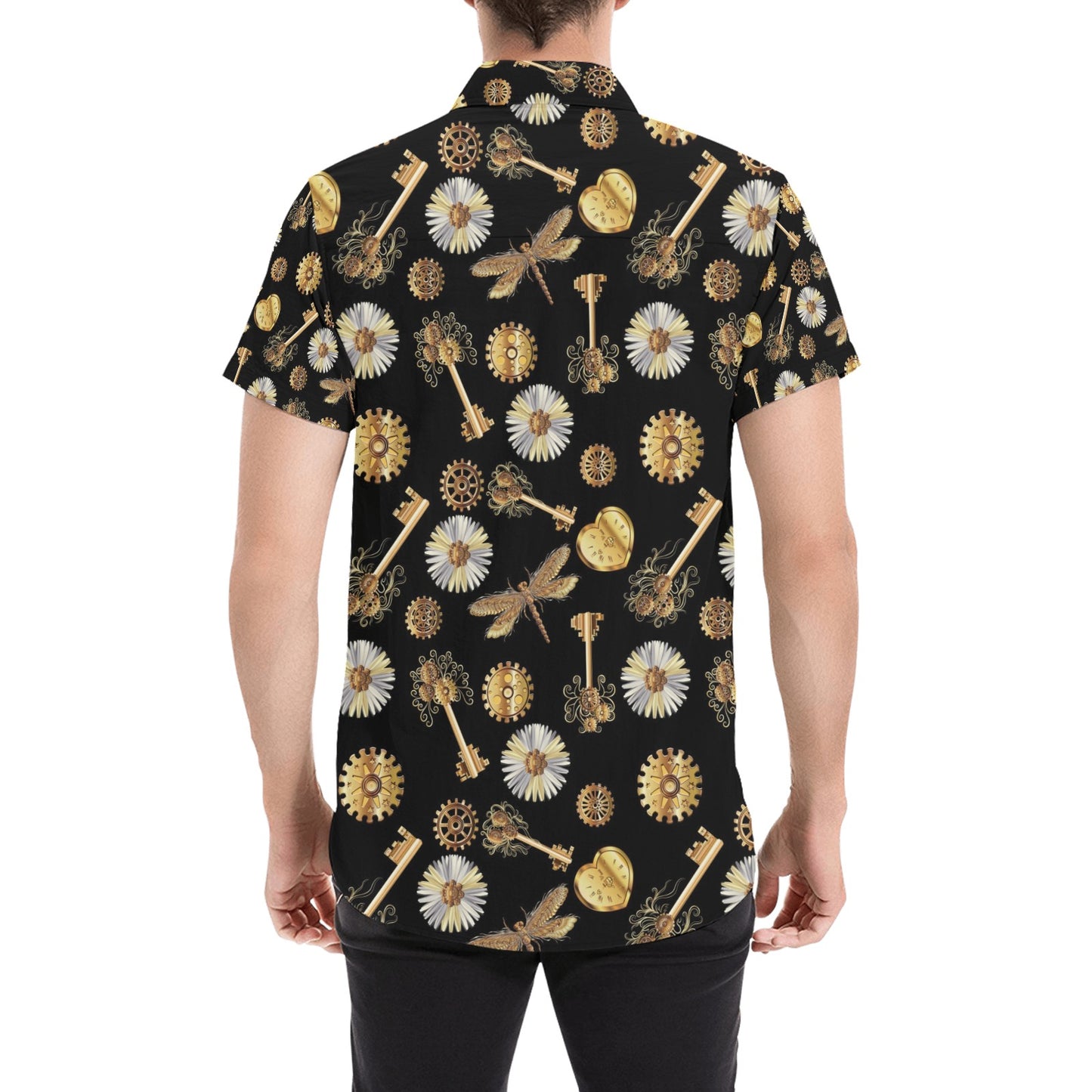 Steampunk Key Dragonfly Print Design LKS303 Men Short Sleeve Button Up Shirt