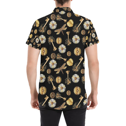 Steampunk Key Dragonfly Print Design LKS303 Men Short Sleeve Button Up Shirt