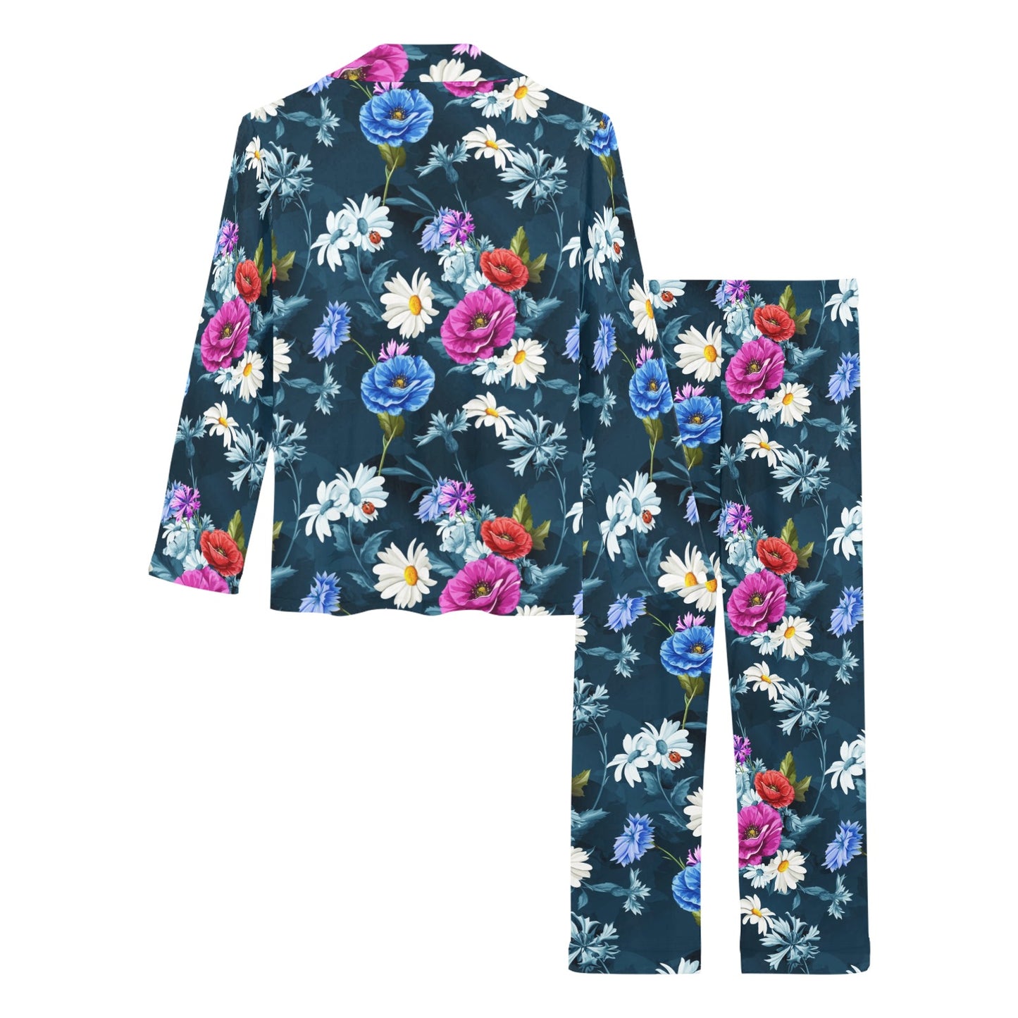 Floral Blue Themed Print Women's Long Pajama Set