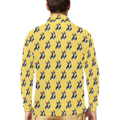 Boston Terrier Pattern Print Design 06 Long Sleeve Polo Shirt For Men's